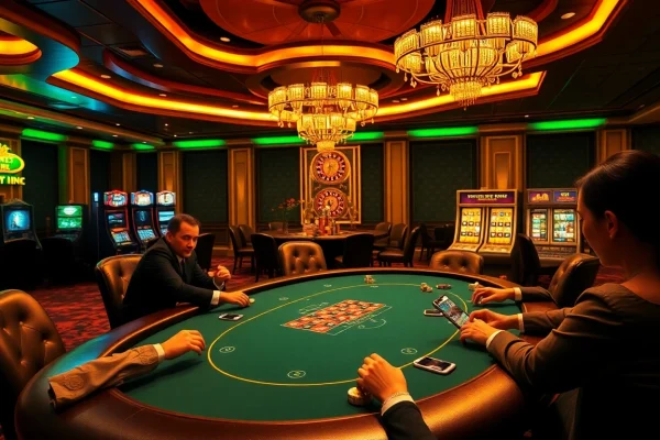 Engage in high-stakes gambling action at a sbobet link alternatif poker table, surrounded by vibrant casino elements.