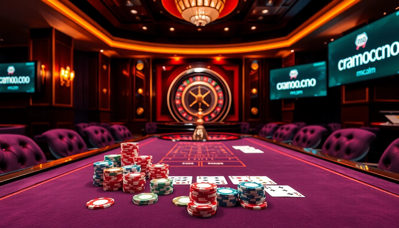 Gamblers enjoying a high-stakes game at mmoo.com, with colorful chips and a roulette wheel in focus.