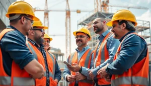 Construction career professionals collaborating on a building site with cranes in the background.