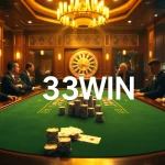 33WIN poker table scene with stacked chips and winning cards, evoking excitement.