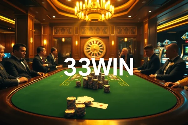 33WIN poker table scene with stacked chips and winning cards, evoking excitement.