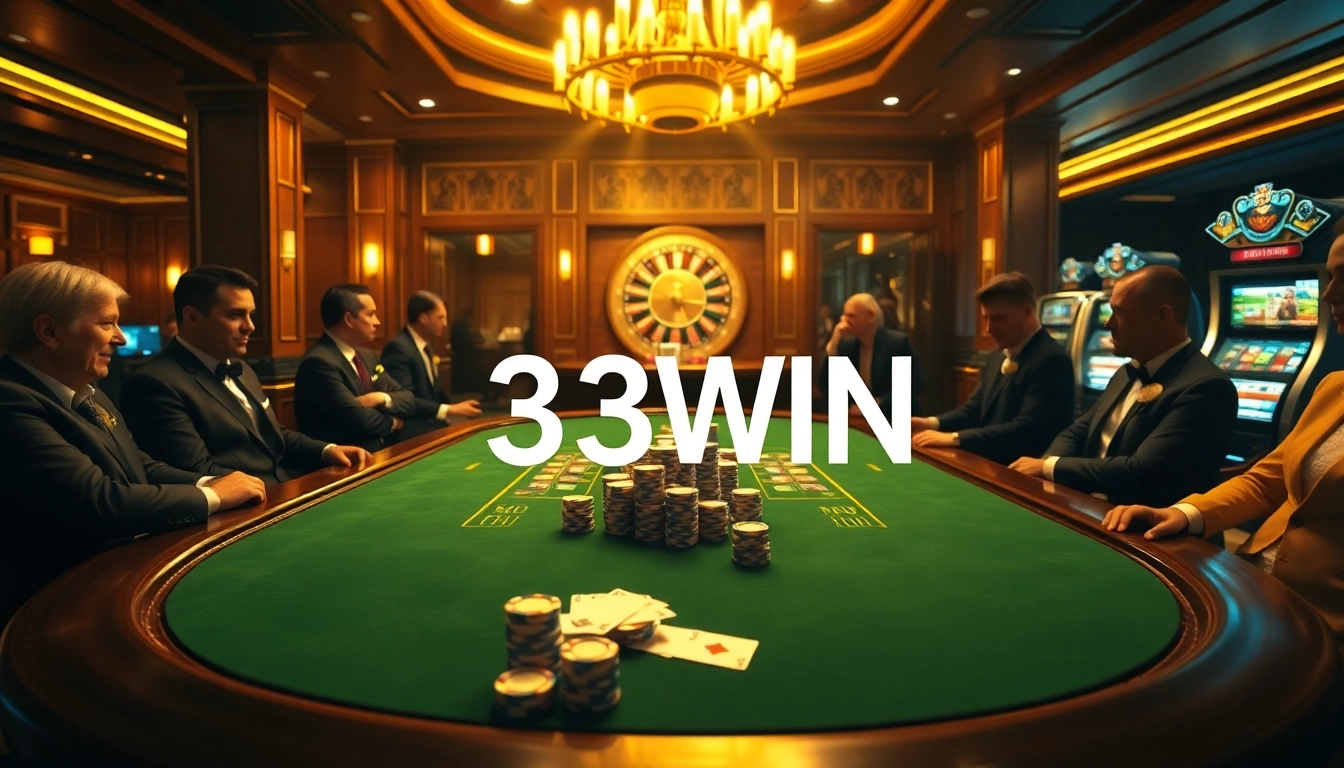 33WIN poker table scene with stacked chips and winning cards, evoking excitement.