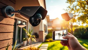 Cámaras EZVIZ que mejoran la seguridad del hogar en un entorno exterior pintoresco con diseño moderno.