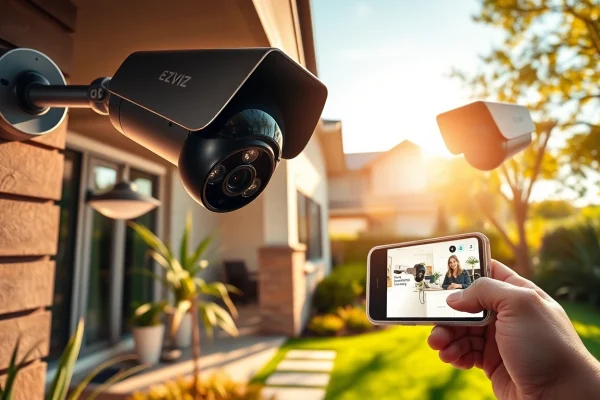 Cámaras EZVIZ que mejoran la seguridad del hogar en un entorno exterior pintoresco con diseño moderno.