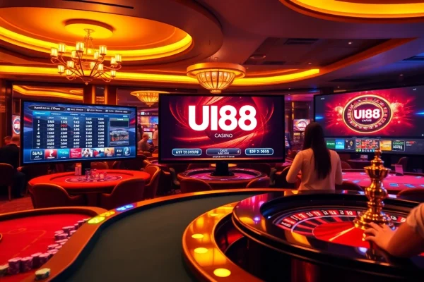 Players enjoying games at UU88 online casino with vibrant atmosphere and luxurious setting.