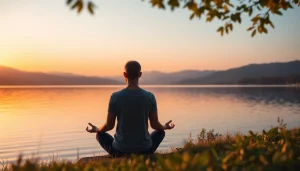 Overcoming stress and anxiety through peaceful meditation by a tranquil lake.