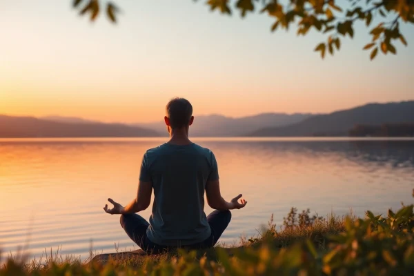 Overcoming stress and anxiety through peaceful meditation by a tranquil lake.