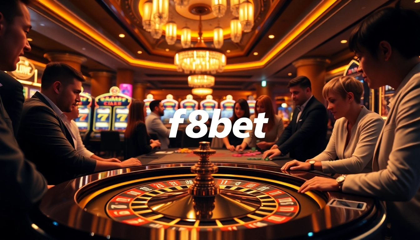 Exciting roulette game at a high-end casino featuring the link mới nhất f8bet displayed prominently.