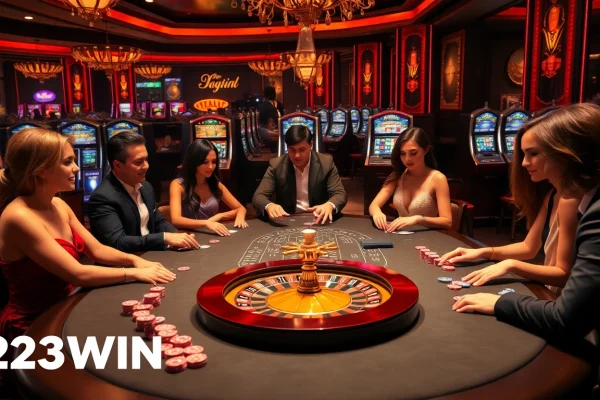 Engaging poker game scene with players at 23WIN casino, showcasing vibrant casino elements and an exciting atmosphere.