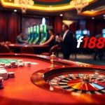 Engaging scene of high-stakes gaming with f168 com branding, showcasing poker chips and casino elements.