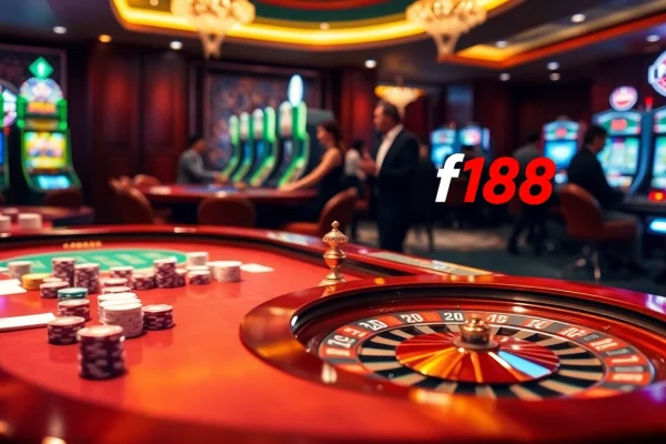Engaging scene of high-stakes gaming with f168 com branding, showcasing poker chips and casino elements.