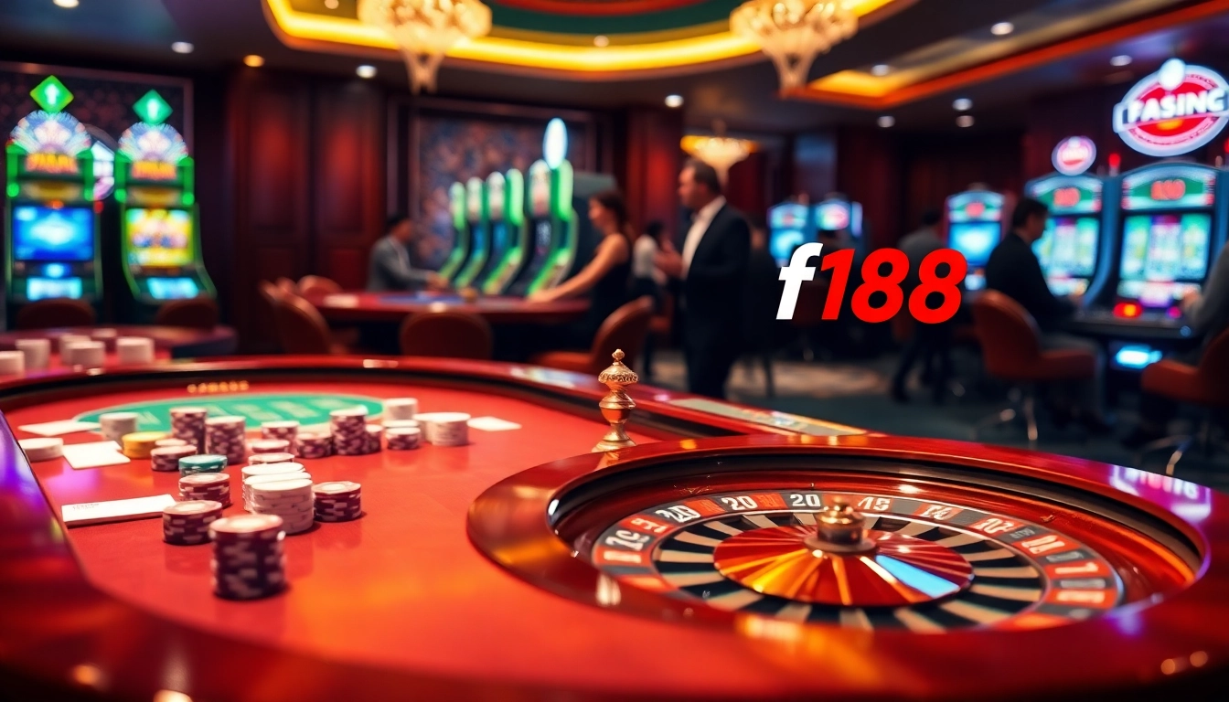 Engaging scene of high-stakes gaming with f168 com branding, showcasing poker chips and casino elements.