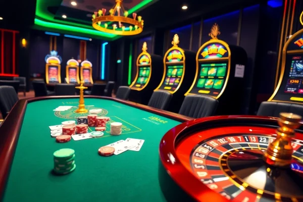 Experience thrilling gameplay at i9bet with vibrant poker tables and casino lights.