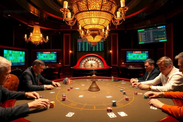 Luck8 gaming action at a luxurious poker table with vibrant chips and cards.