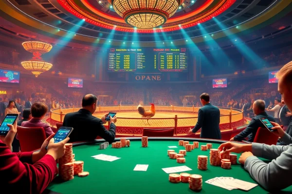 Live betting and excitement in trực tiếp đá gà sv388 with bettors engaged at a luxurious casino.