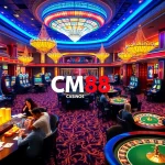 Excited players engaging with CM88-branded casino tables filled with vibrant chips and cards.