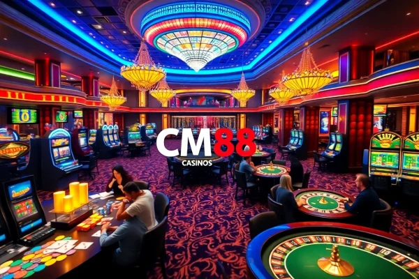 Excited players engaging with CM88-branded casino tables filled with vibrant chips and cards.