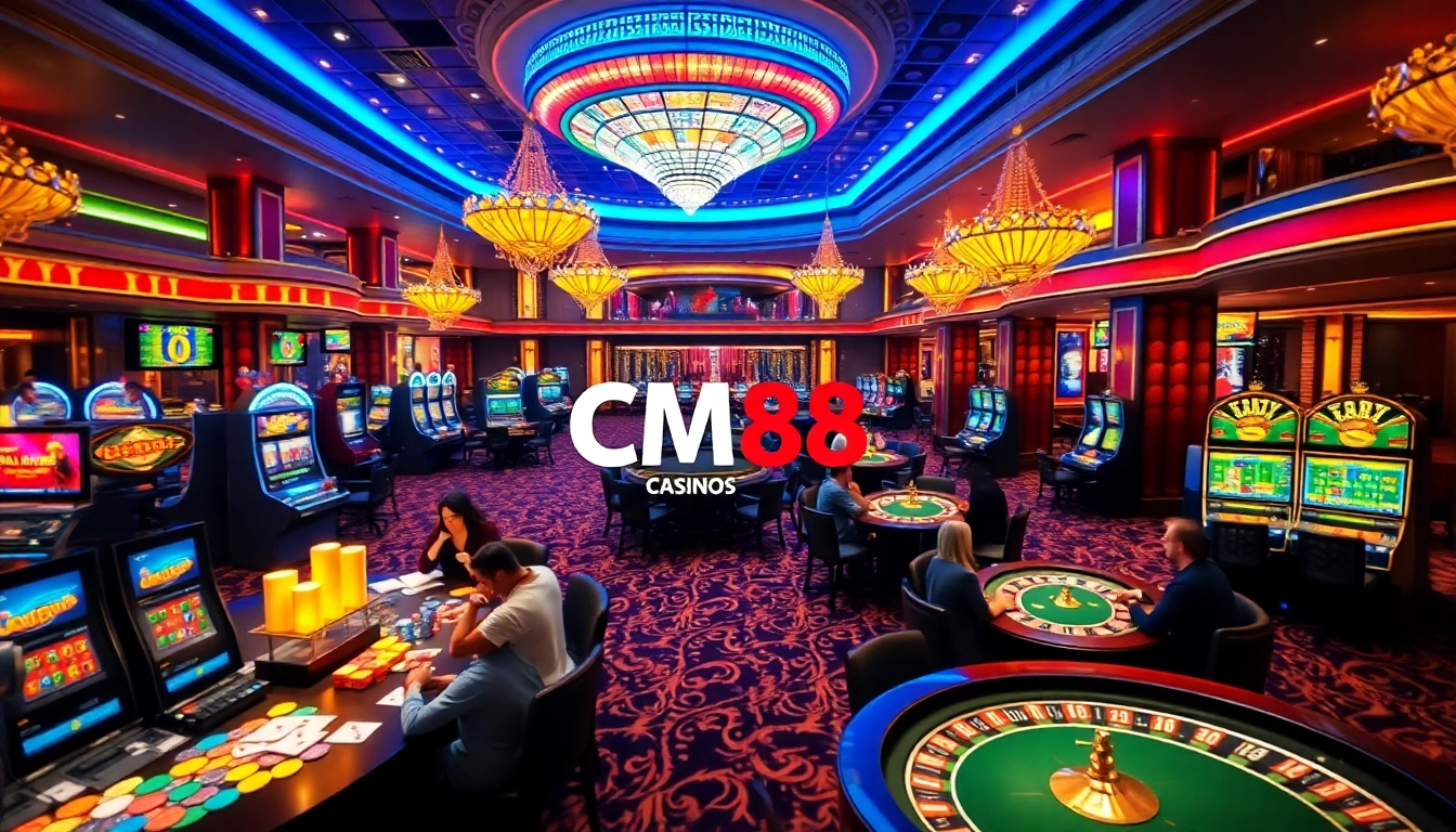 Excited players engaging with CM88-branded casino tables filled with vibrant chips and cards.