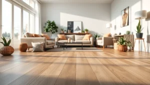 Highlighting quality vinyl flooring in a stylish living room with natural light and modern decor.