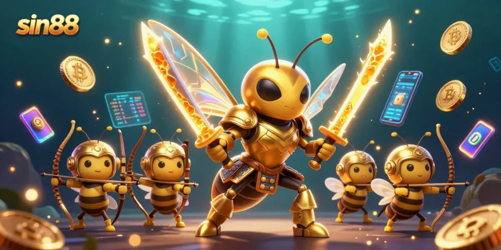 Experience thrilling gameplay at sin88 with a vibrant 3D scene depicting crypto-themed casino adventure.