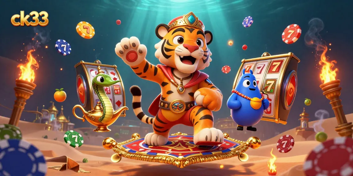 Engage with ck33 slots as a tiger sultan rides on a carpet of poker chips, winning jackpots.