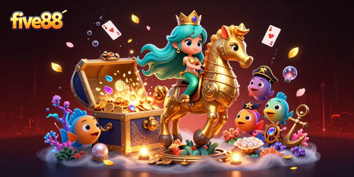 Experience the excitement of five88 with vibrant characters and dynamic casino elements in this 3D illustration.
