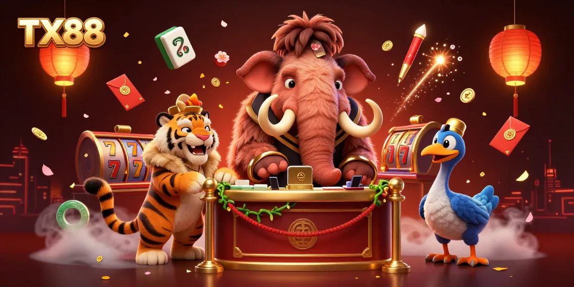 Enter the TX88 casino scene with a woolly mammoth bouncer, saber-tooth VIP, and vibrant slot elements.