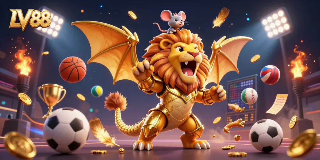 Experience the excitement of LV88 with a dynamic scene featuring fantasy characters and sports elements.