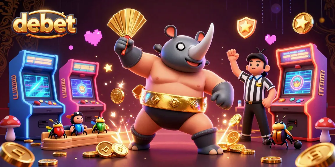 Engage with debet casino gameplay featuring a powerful beetle champion amidst golden coins and arcade elements.