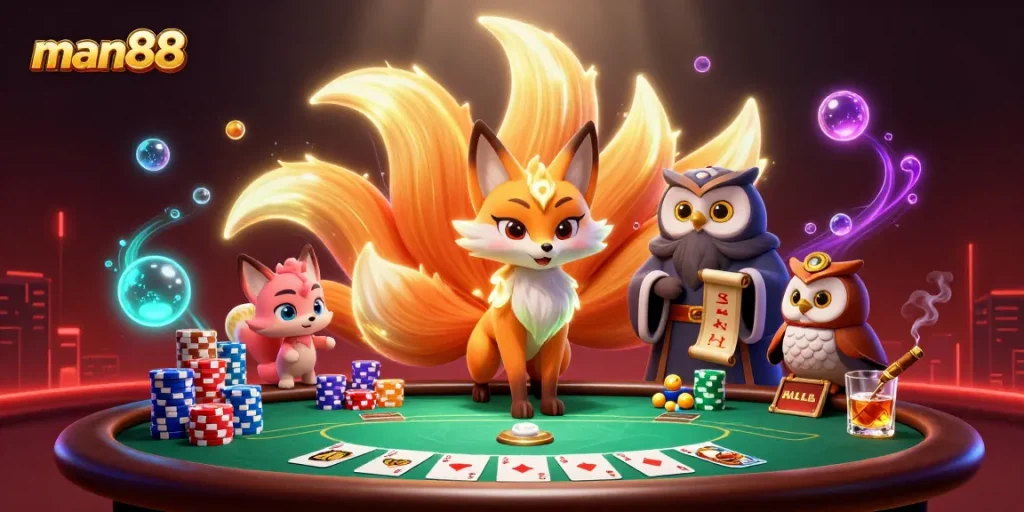Experience thrilling gameplay at man88 with colorful poker scenes and mystical characters.