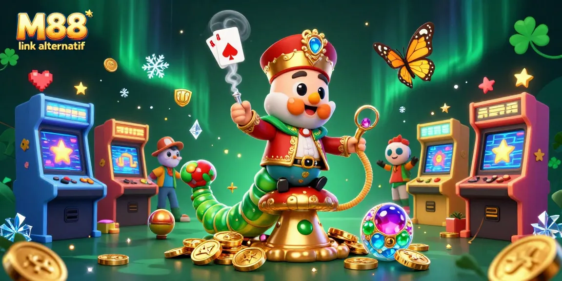 M88 link alternatif offers exciting gaming experiences with a rich, vibrant 3D casino illustration.