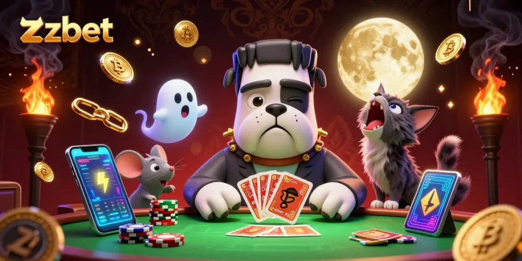 Zbet’s thrilling gambling scene with a Frankenstein bulldog dealer, Bitcoin coins, and neon effects