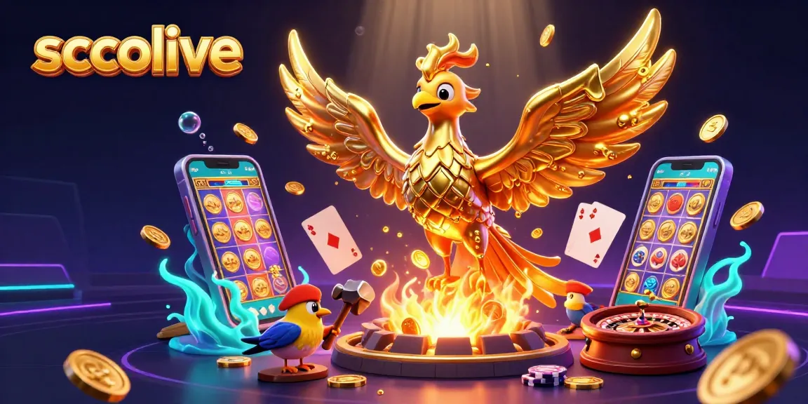 Socolive interactive gaming scene featuring a molten metal phoenix surrounded by vibrant slot games and poker elements.