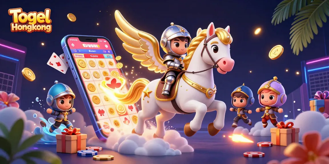 Togel Hongkong players enjoying a vibrant, animated lottery scene with a celestial horse and gaming elements
