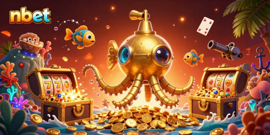 Engage with nbet's thrilling jackpot slots featuring a kraken submarine amidst a gold coin sea.