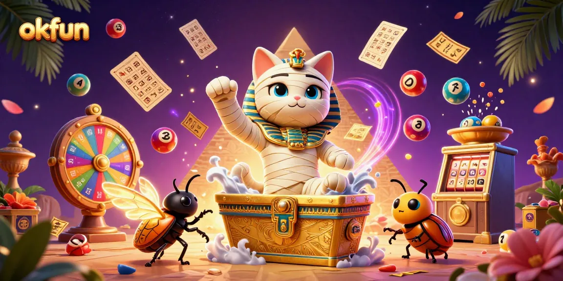 Spin the luck with okfun at a vibrant pyramid casino featuring glowing characters and festive game elements.