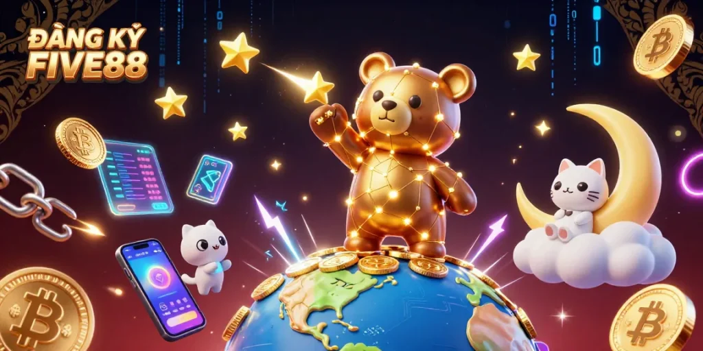 Engage with the thrilling world of ĐĂNG KÝ FIVE88, surrounded by cosmic bear and vibrant crypto elements.