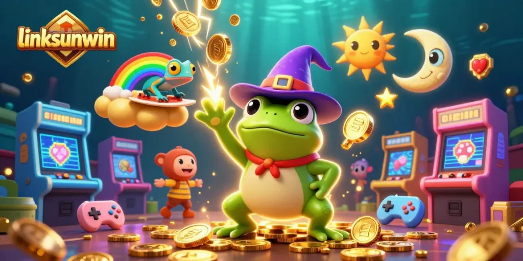 Experience endless wins with linksunwin as the wizard frog conjures golden coins in a vibrant casino scene.
