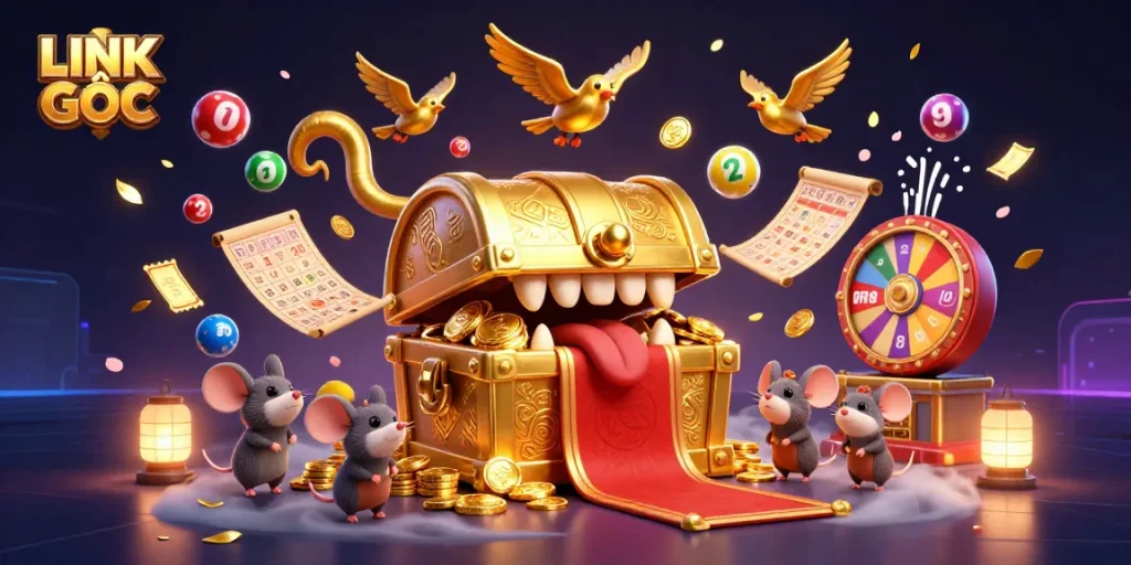 Experience the thrill of LINK GỐC with dynamic lottery elements and golden treasures in this exciting 3D illustration.
