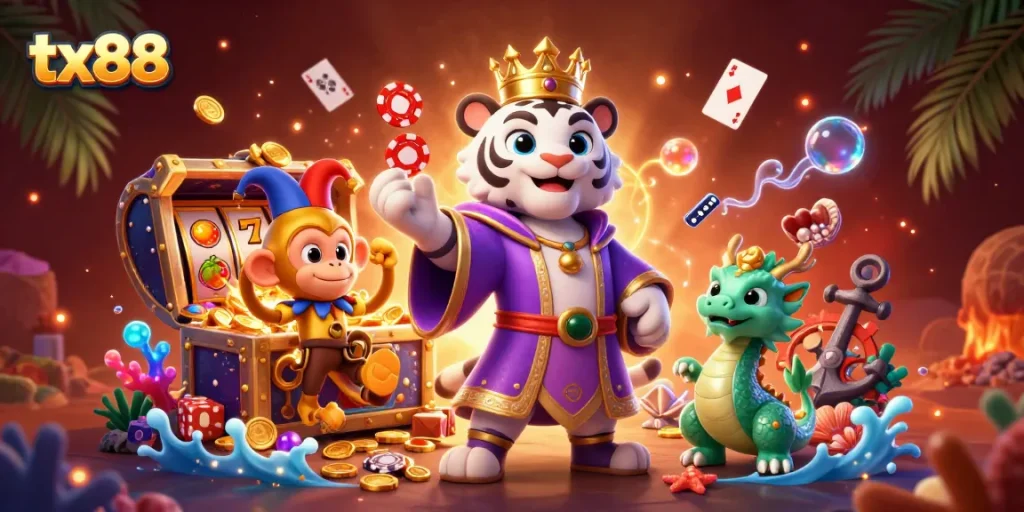 Experience exciting gameplay with tx88 featuring vibrant 3D characters and slot reels bursting with gems.