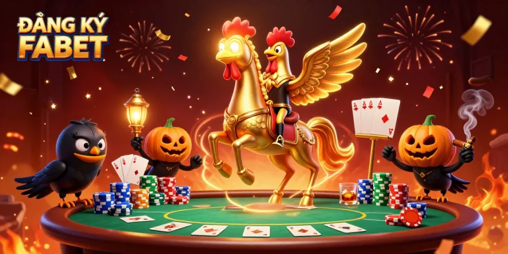 Engage in ĐĂNG KÝ FABET as a golden rooster navigates a vibrant midnight casino scene.