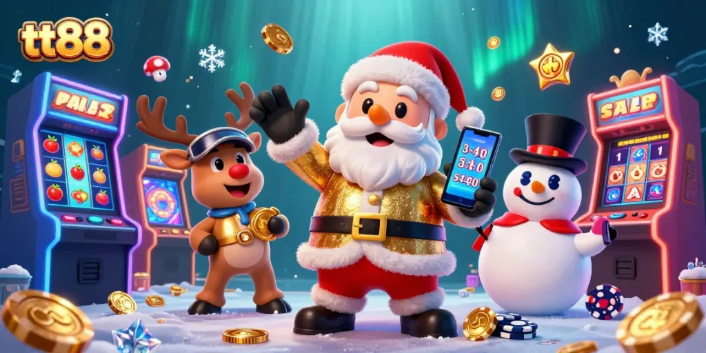 Experience the thrill of winning at tt88 with Santa playing slots and festive casino elements.
