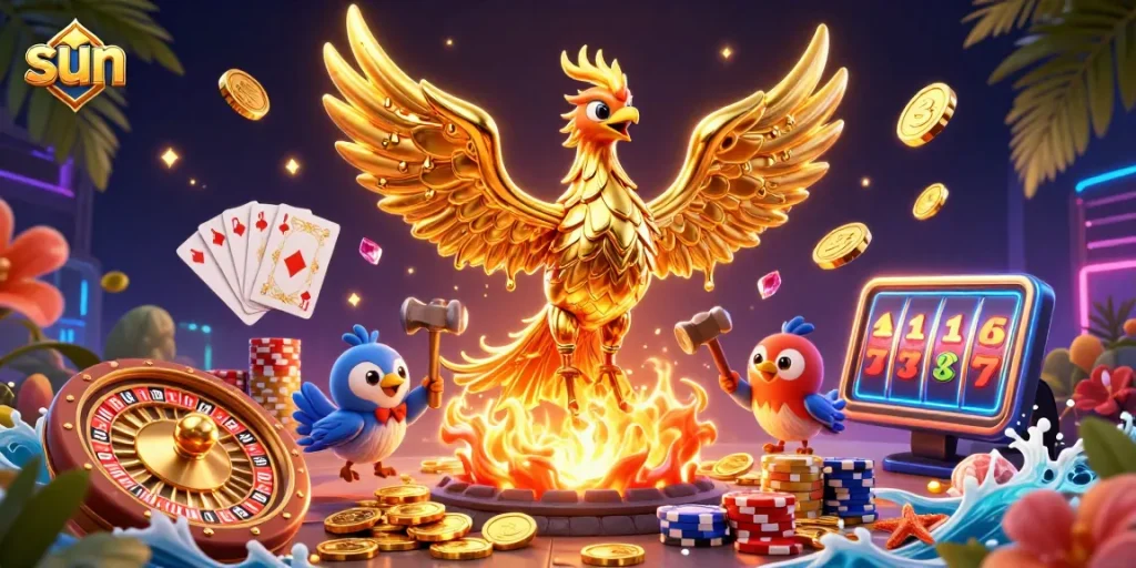 Engage with the sun-themed casino experience featuring a golden phoenix and casino elements