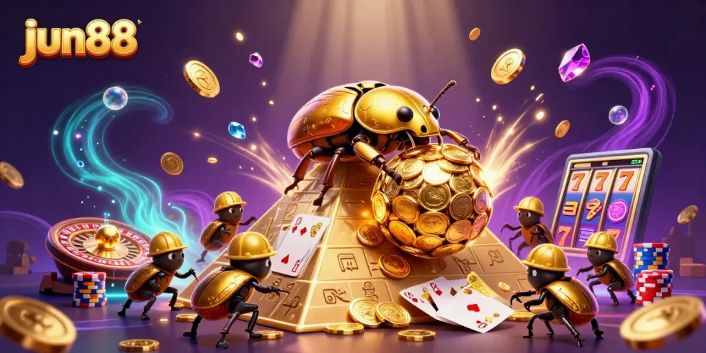 Experience the excitement of jun88 with a golden beetle rolling coins in a vibrant casino scene.