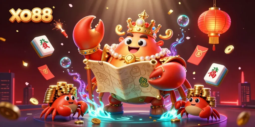 Experience thrilling gaming with xo88, featuring a golden crab emperor in a vibrant casino scene.