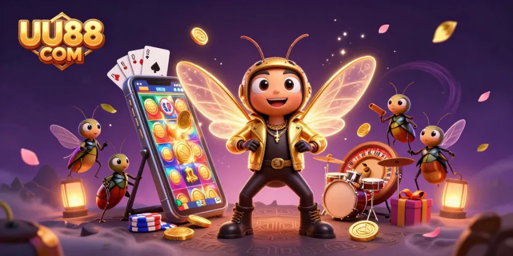 Engage with exciting games at UU88 COM, featuring vibrant 3D characters in a dazzling casino scene.