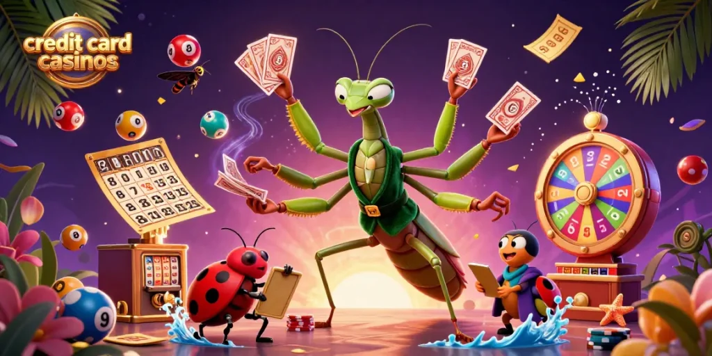 Engage in thrilling credit card casinos with giant mantis card sharp and colorful dynamic games.