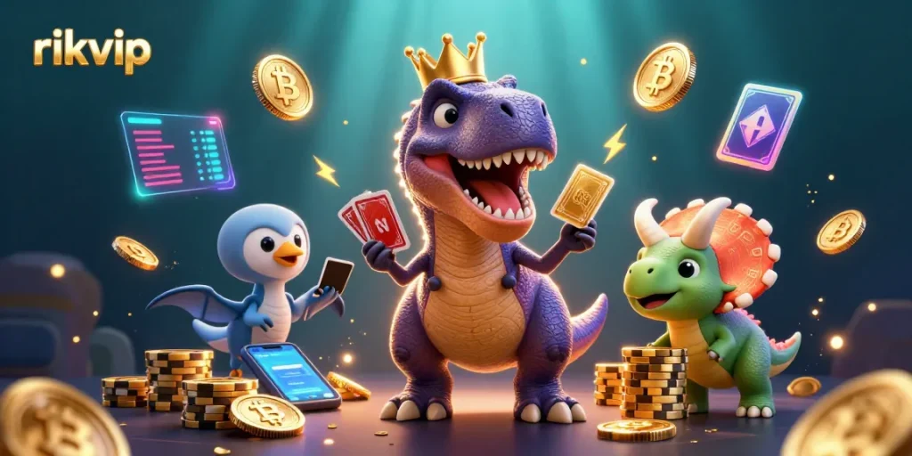 Play and win at RIKVIP with a vivid scene of cartoon dinosaurs in a playful gambling atmosphere.