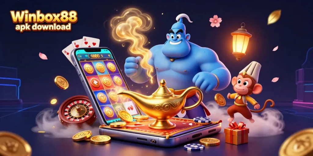 Winbox88 apk download illustration featuring a genie, monkey, and magic carpet amid slot games and poker chips