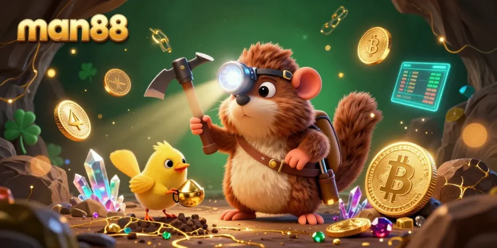 Engage with man88 in a vibrant 3D scene showcasing a treasure hunter mole, crypto elements, and jackpot symbols.